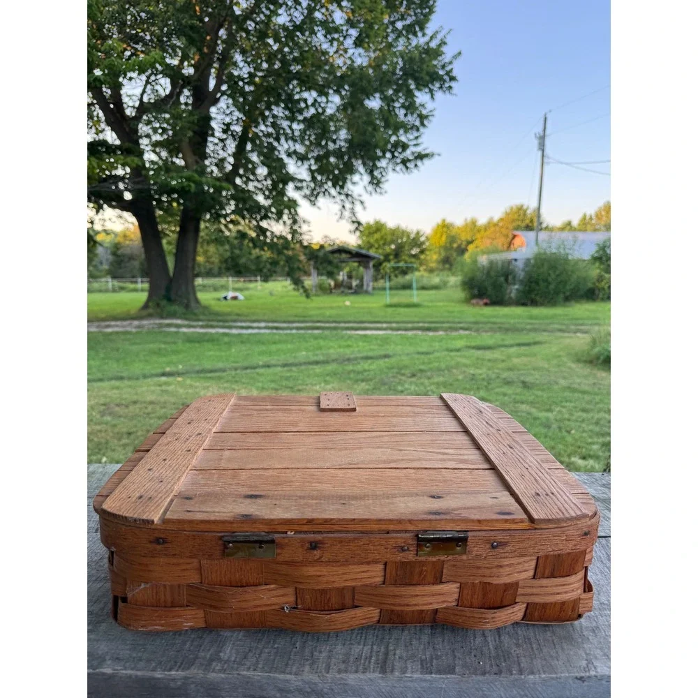 Vintage Woven Wood Pie Picnic Basket Square Carrier with Slatted Wooden Lid USED